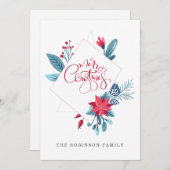 レッドブルーメリークリスマスフローラフレームホリデーカード シーズンカード (正面/裏面)