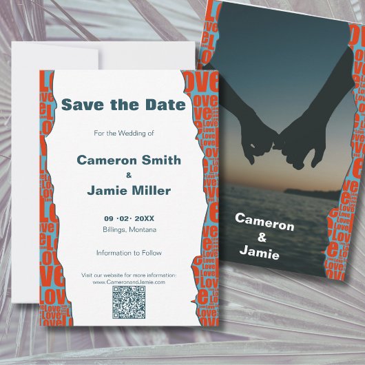 レッドブルーラブタイポグラフィ縁ど セーブザデート