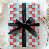 レッドブルー市松模様にスノーフレーク・クリスマス ラッピングペーパー