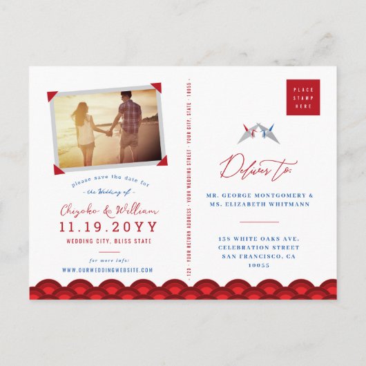 レッドブルー紙クレーンアジアの結婚式の日付を保存 案内ポストカード (裏面)