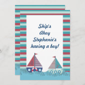 レッドブルー航海のセーリングボートベビーシャワー招待状 招待状 (正面/裏面)