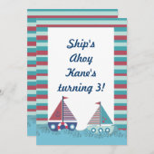 レッドブルー航海のセーリングボート誕生日招待状 招待状 (正面/裏面)
