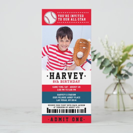 レッドブルー野球チケット誕生日会写真 招待状 (スタンド正面)