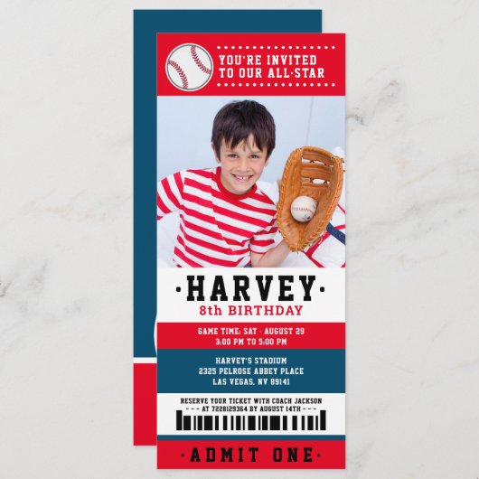 レッドブルー野球チケット誕生日会写真 招待状 (正面/裏面)