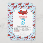 レッドブルー飛行機パターンキッズボーイズガールズ誕生日 招待状 (正面/裏面)