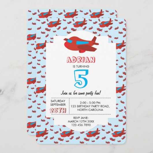 レッドブルー飛行機パターンキッズボーイズガールズ誕生日 招待状 (正面/裏面)