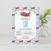 レッドブルー飛行機パターンキッズボーイズガールズ誕生日 招待状 (スタンド正面)