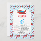 レッドブルー飛行機パターンキッズボーイズガールズ誕生日 招待状 (正面)