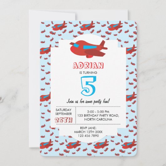 レッドブルー飛行機パターンキッズボーイズガールズ誕生日 招待状 (正面)