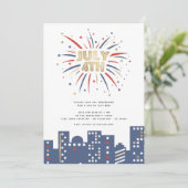 レッドブルー&金ゴールド花火7月4日モダンパーティー 招待状 (スタンド正面)