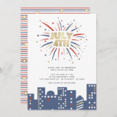 レッドブルー&金ゴールド花火7月4日モダンパーティー 招待状 (正面/裏面)