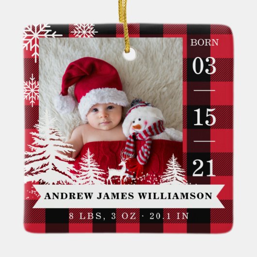 レッドプライド松の木のベビー誕生の状態と写真 セラミックオーナメント (正面)