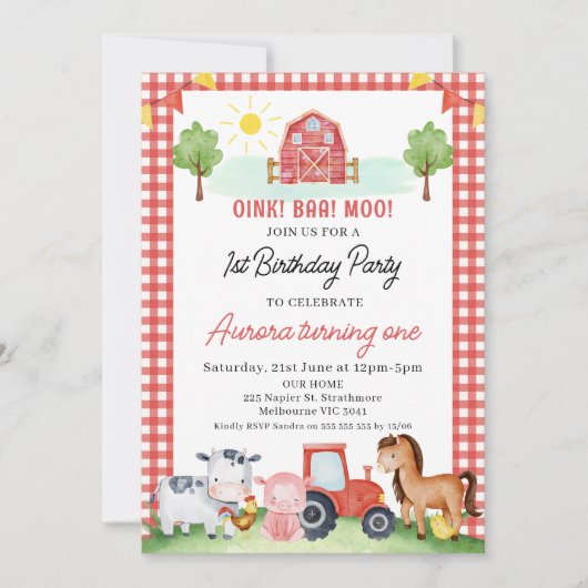 レッドプリドバーンファームアニマルズ誕生日 招待状 (正面)