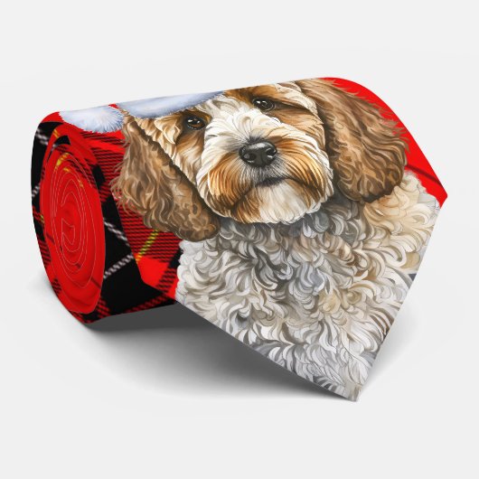 レッドプレイドのホリデーコックポークリスマスドッグ ネクタイ (ロール)