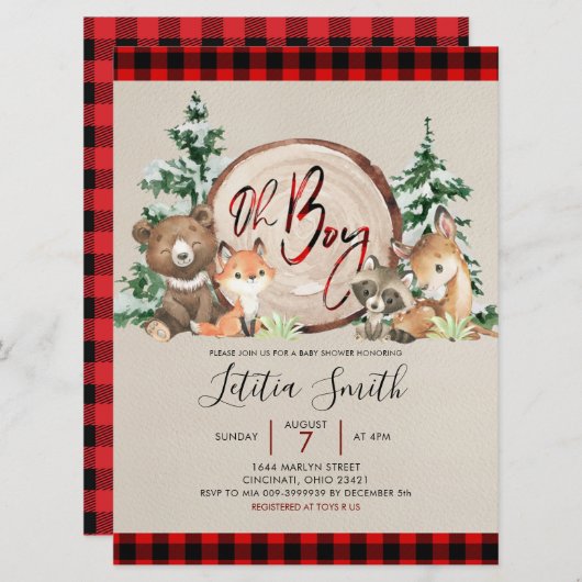 レッドプレイドウィンターウッドランドベビーシャワー招待状 招待状 (正面/裏面)