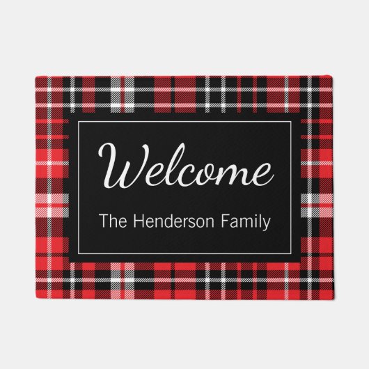 レッドプレイドウェルカムモノグラムのファミリー名Doorma ドアマット (正面)