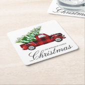 レッドプレイドエレガントスクリプトクリスマスヴィンテージトラック スクエアペーパーコースター (アングル)