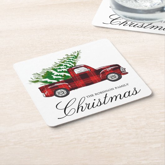 レッドプレイドエレガントスクリプトクリスマスヴィンテージトラック スクエアペーパーコースター (アングル)