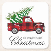 レッドプレイドエレガントスクリプトクリスマスヴィンテージトラック スクエアペーパーコースター (正面)