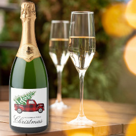 レッドプレイドエレガントスクリプトクリスマスヴィンテージトラック スパークリングワインラベル