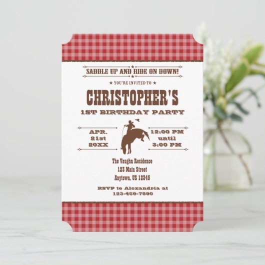 レッドプレイドカウボーイロデオ誕生日招待状 招待状 (スタンド正面)