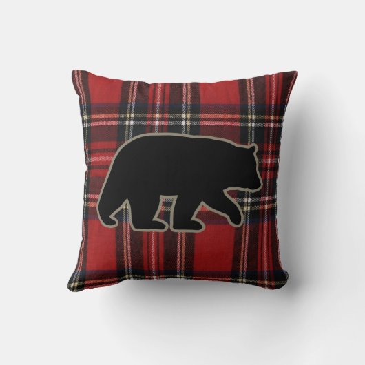 レッドプレイドキュートな国に黒いクマのシルエット クッション (裏面)