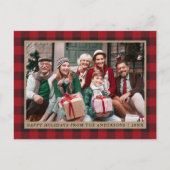 レッドプレイドクラフトファミリーフォトハッピーホリデー ポストカード (正面)