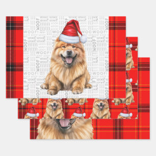 レッドプレイドクリスマスにチャウチャウサンタドッグ ラッピングペーパーシート