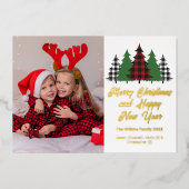 レッドプレイドクリスマスツリーズファミリーフォト金ゴールド 箔シーズンカード (正面)