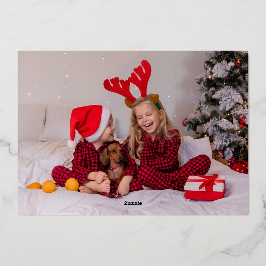 レッドプレイドクリスマスツリーズファミリーフォト金ゴールド 箔シーズンカード (裏面)