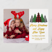 レッドプレイドクリスマスツリーズファミリーフォト金ゴールド 箔シーズンポストカード (正面)