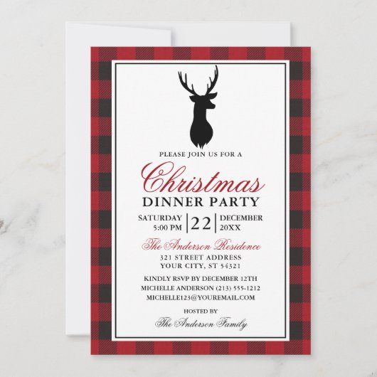 レッドプレイドクリスマスディナー素朴パーティー 招待状 (正面)