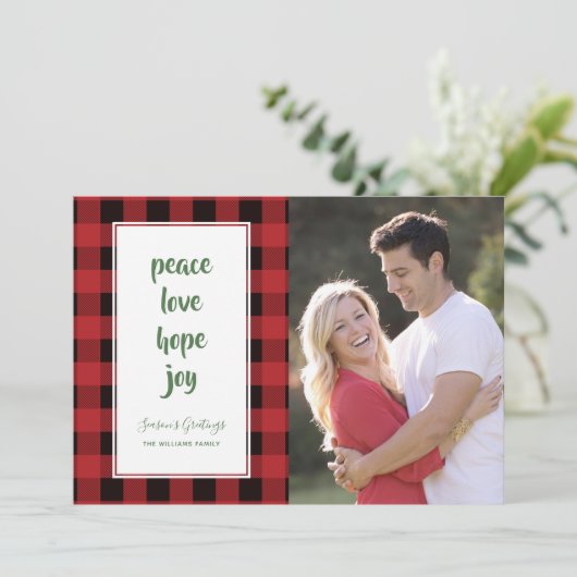 レッドプレイドクリスマスフォトカード シーズンカード (スタンド正面)