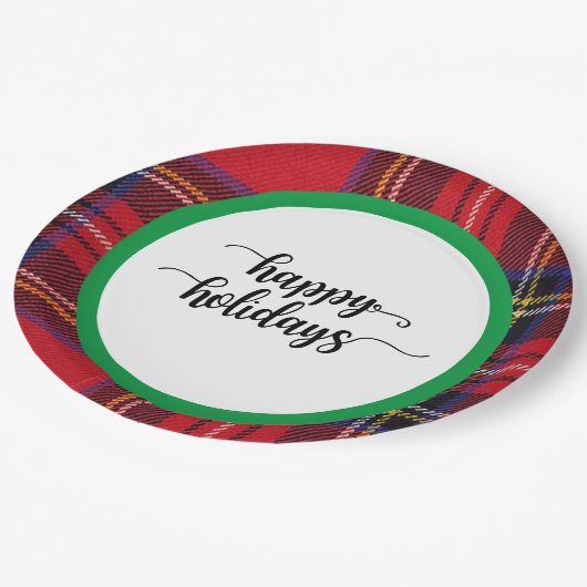 レッドプレイドグリーンクリスマスホリデーズパーティー用品 ペーパープレート (アングル)