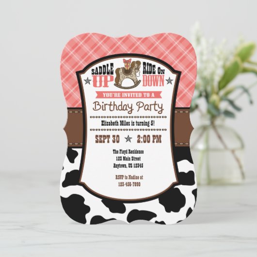 レッドプレイドコウィドカウボーイ誕生日招待状 招待状 (スタンド正面)