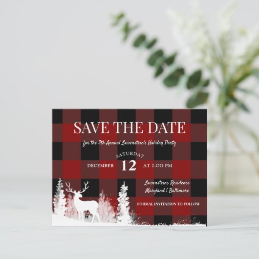 レッドプレイドスタッグホリデーパーティセーブザデート  案内ポストカード (スタンド正面)