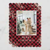 レッドプレイドスノーフレーク写真メリークリスマス シーズンカード (正面/裏面)