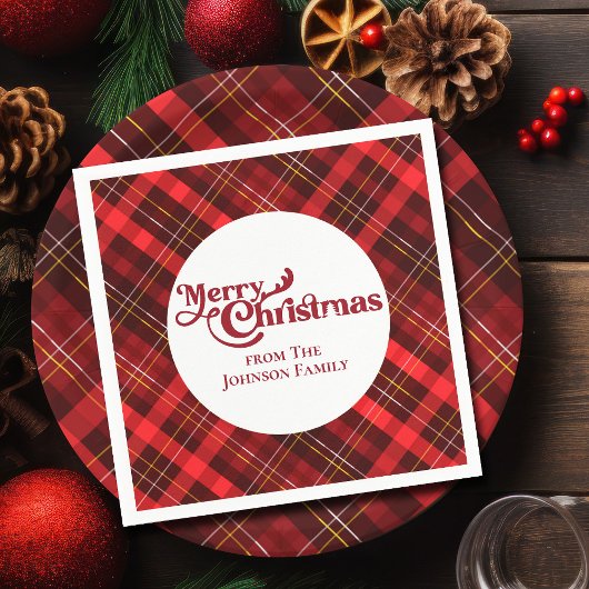 レッドプレイドタータンチェックメリークリスマスカスタムパーティー スタンダードカクテルナプキン