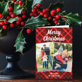 レッドプレイドタータンチェックメリークリスマスレターフォト シーズンカード