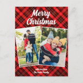 レッドプレイドタータンチェックメリークリスマス2家族写真 シーズンポストカード (正面)