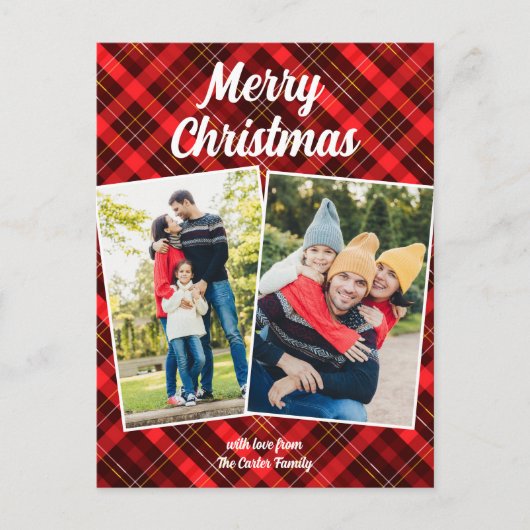 レッドプレイドタータンチェックメリークリスマス2家族写真 シーズンポストカード (正面)