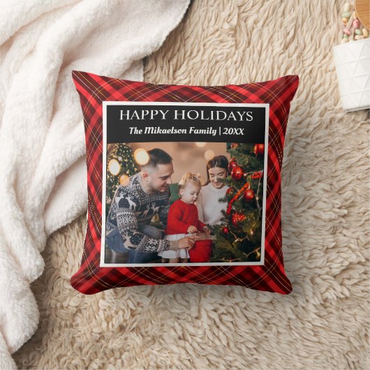 レッドプレイドタータンチェック写真メリークリスマス クッション (ブランケット)