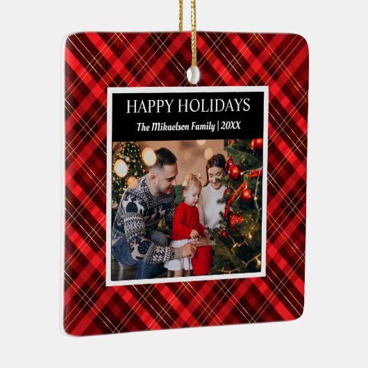 レッドプレイドタータンチェック写真メリークリスマス セラミックオーナメント (右)