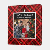 レッドプレイドタータンチェック写真メリークリスマス セラミックオーナメント (左)