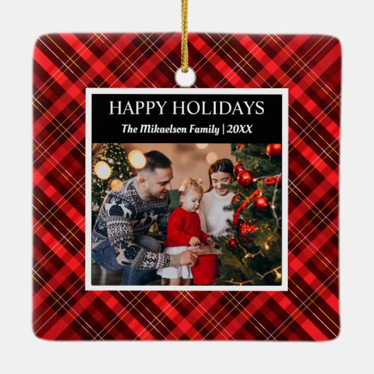 レッドプレイドタータンチェック写真メリークリスマス セラミックオーナメント (裏面)
