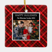 レッドプレイドタータンチェック写真メリークリスマス セラミックオーナメント (正面)