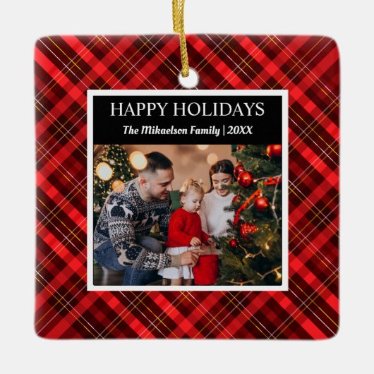 レッドプレイドタータンチェック写真メリークリスマス セラミックオーナメント (正面)