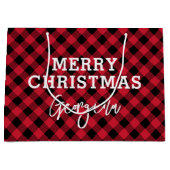 レッドプレイドタータンチェック名クリスマス ラージペーパーバッグ (正面)