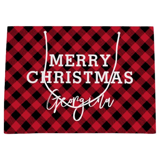 レッドプレイドタータンチェック名クリスマス ラージペーパーバッグ (正面)