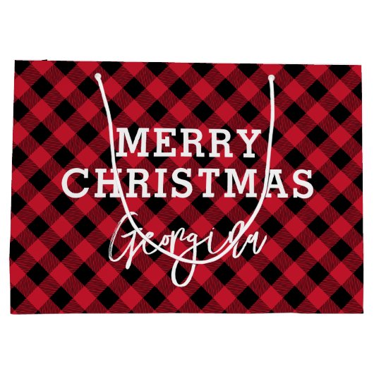 レッドプレイドタータンチェック名クリスマス ラージペーパーバッグ (裏面)